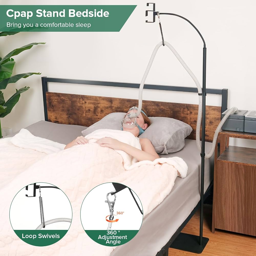 Floor-standing CPAP bedside ventilator tubing bracket, 360° rotating metal cantilever anti-entanglement tubing head bracket No-Drill CPAP Accessories for Easy Setup