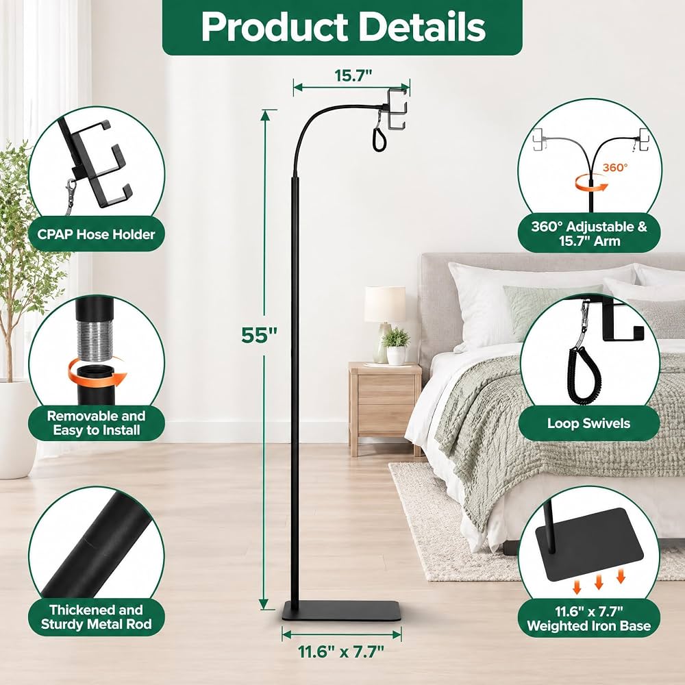 Floor-standing CPAP bedside ventilator tubing bracket, 360° rotating metal cantilever anti-entanglement tubing head bracket No-Drill CPAP Accessories for Easy Setup
