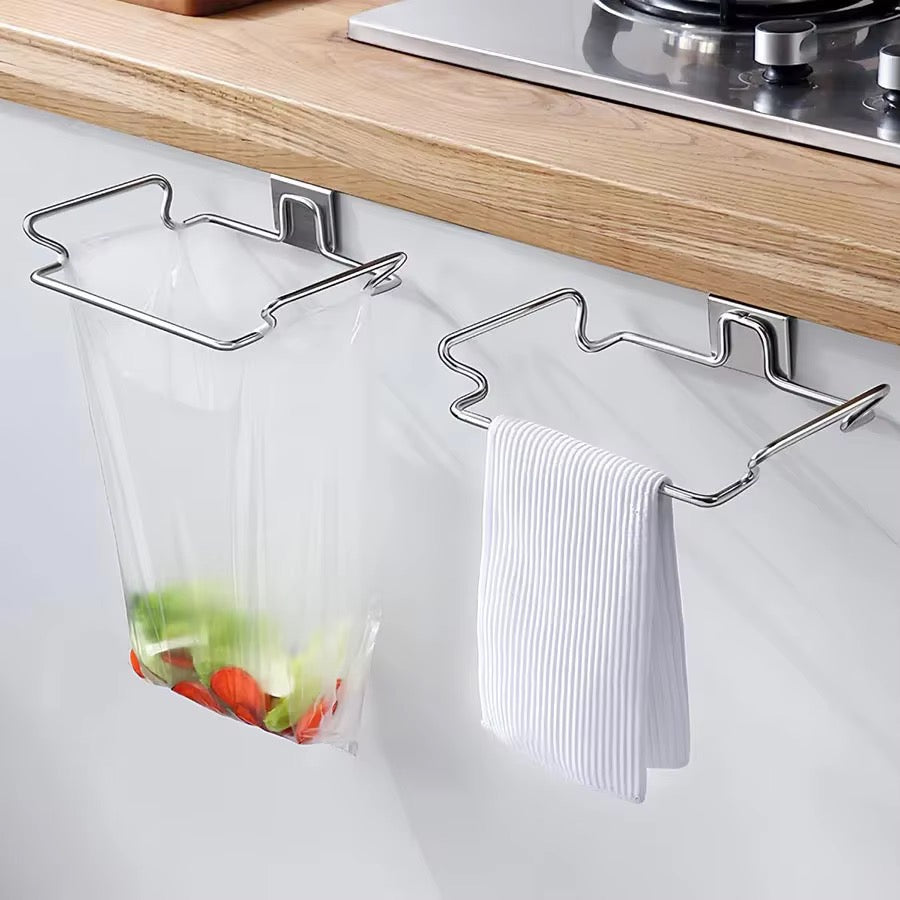 Stainless Steel Trash, garbage, rubbish, vegetable peels Bag Holder  Over Cabinet Door Hanging Bag Rack for Kitchen