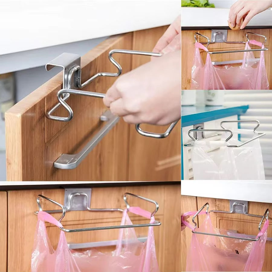 Stainless Steel Trash, garbage, rubbish, vegetable peels Bag Holder  Over Cabinet Door Hanging Bag Rack for Kitchen