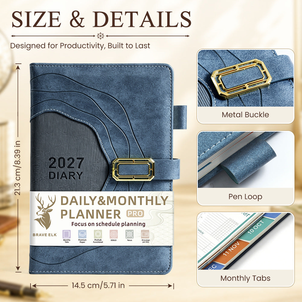 2027 Business Workplace Daily & Monthly Planner Pro  A5 Blue Faux Leather Diary with Buckle Closure, Pen Loop & Monthly Notebook Daily Planner