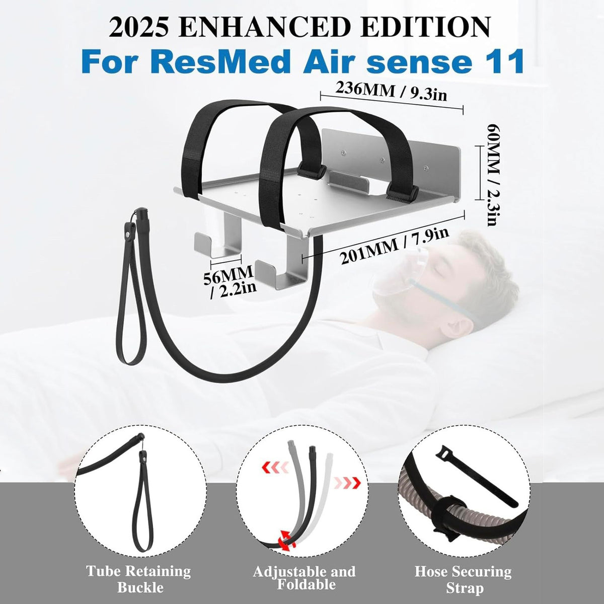 Wall-mounted metal storage rack with a flexible tube hooked to the face shield, adjustable and liftable