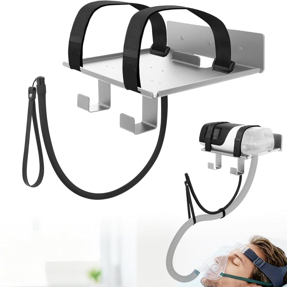 Wall-mounted metal storage rack with a flexible tube hooked to the face shield, adjustable and liftable