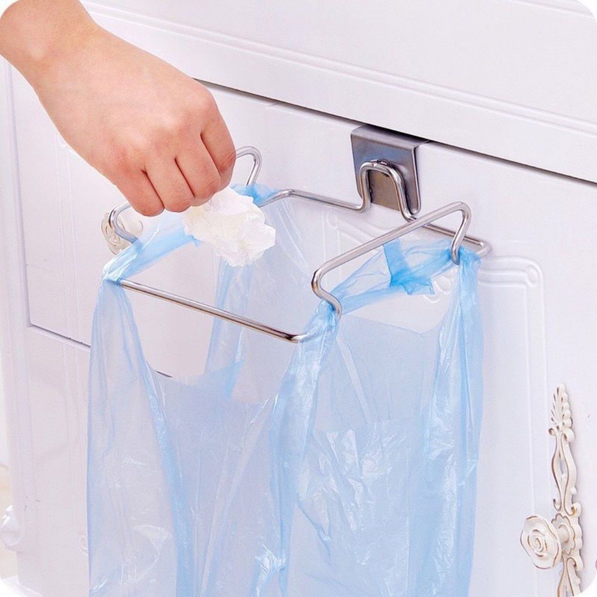 Stainless Steel Trash, garbage, rubbish, vegetable peels Bag Holder  Over Cabinet Door Hanging Bag Rack for Kitchen