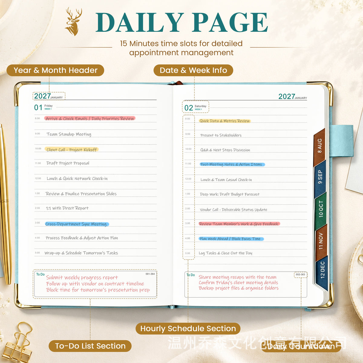 2027 Colour Index Dream Big Work Hard Diary Daily Planner Leather-Look Business Planner with Monthly Colour Tabs with Elastic Band, Pen Loop & Inspirational Quote Cover