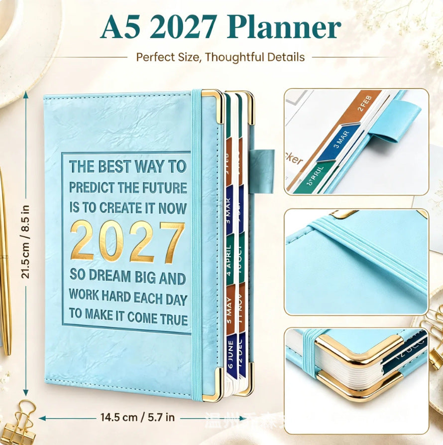 2027 Colour Index Dream Big Work Hard Diary Daily Planner Leather-Look Business Planner with Monthly Colour Tabs with Elastic Band, Pen Loop & Inspirational Quote Cover