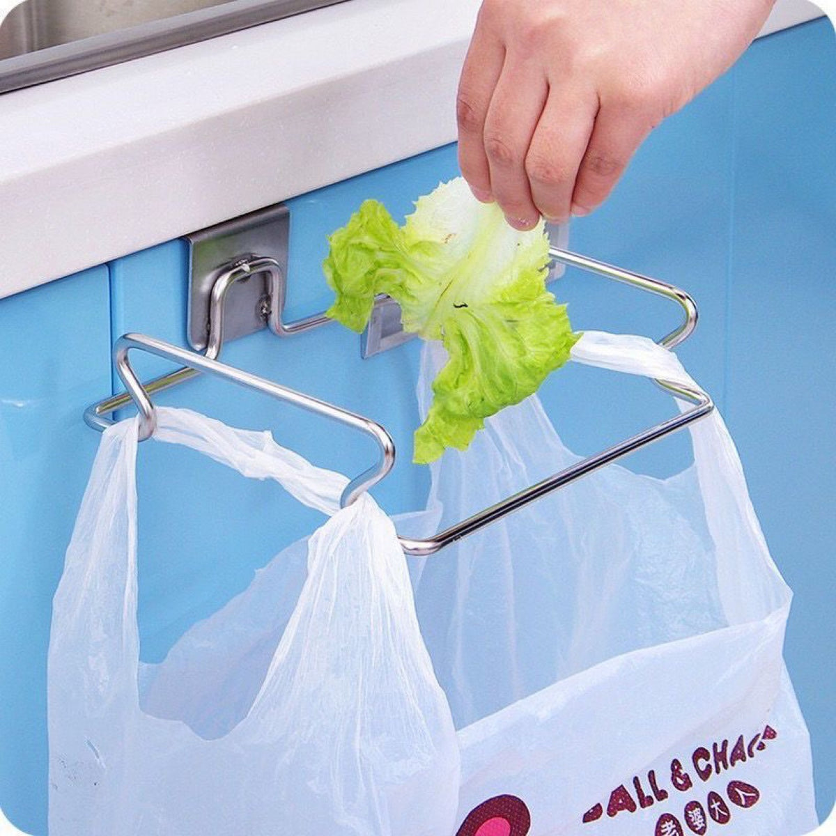 Stainless Steel Trash, garbage, rubbish, vegetable peels Bag Holder  Over Cabinet Door Hanging Bag Rack for Kitchen