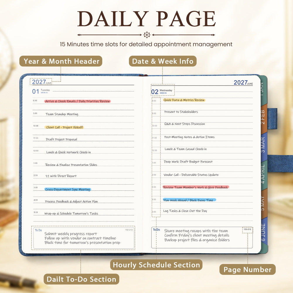 2027 Business Workplace Daily & Monthly Planner Pro  A5 Blue Faux Leather Diary with Buckle Closure, Pen Loop & Monthly Notebook Daily Planner