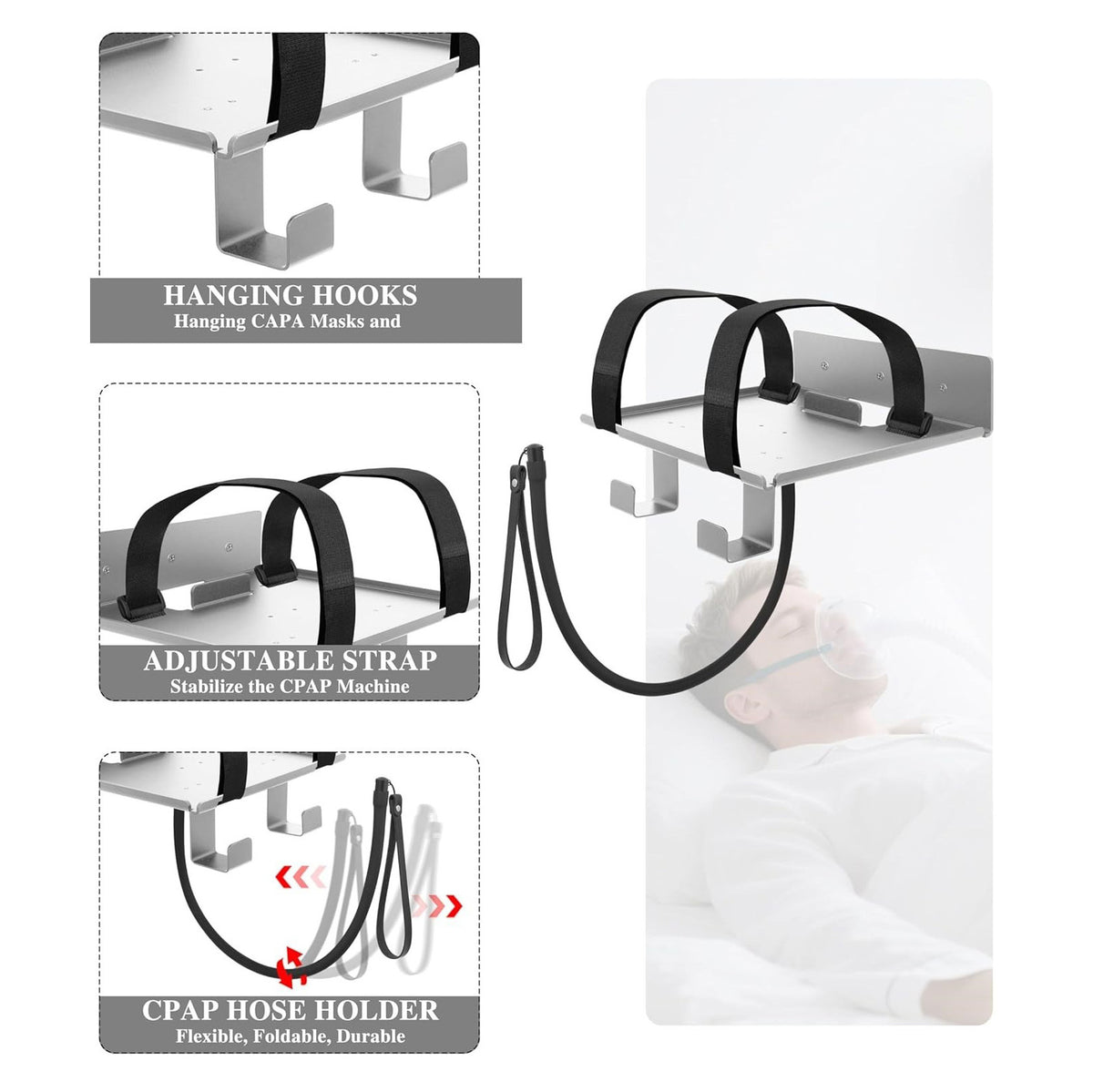 Wall-mounted metal storage rack with a flexible tube hooked to the face shield, adjustable and liftable